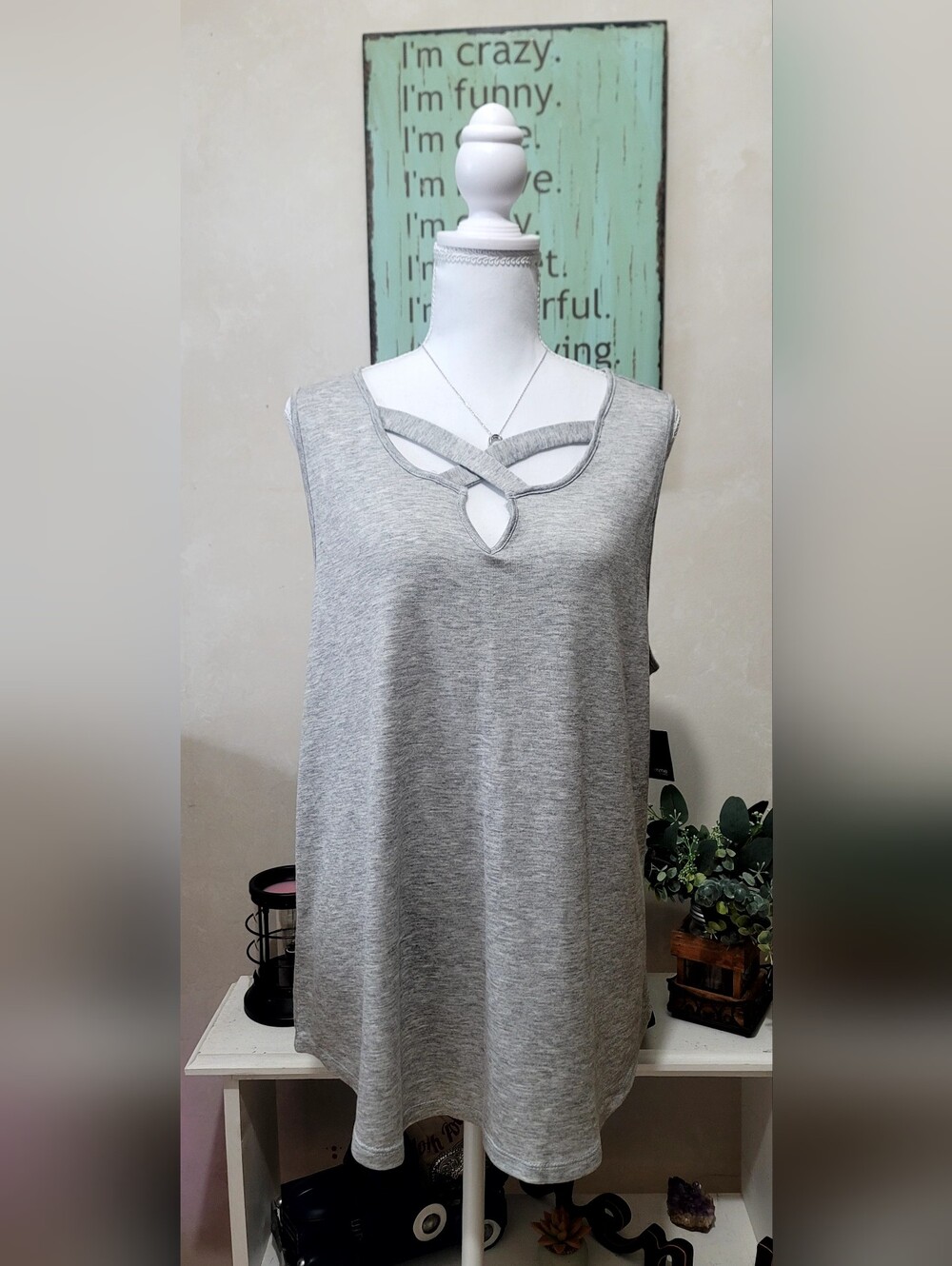 Light Gray Sleeveless Tank with Strappy Keyhole Neckline